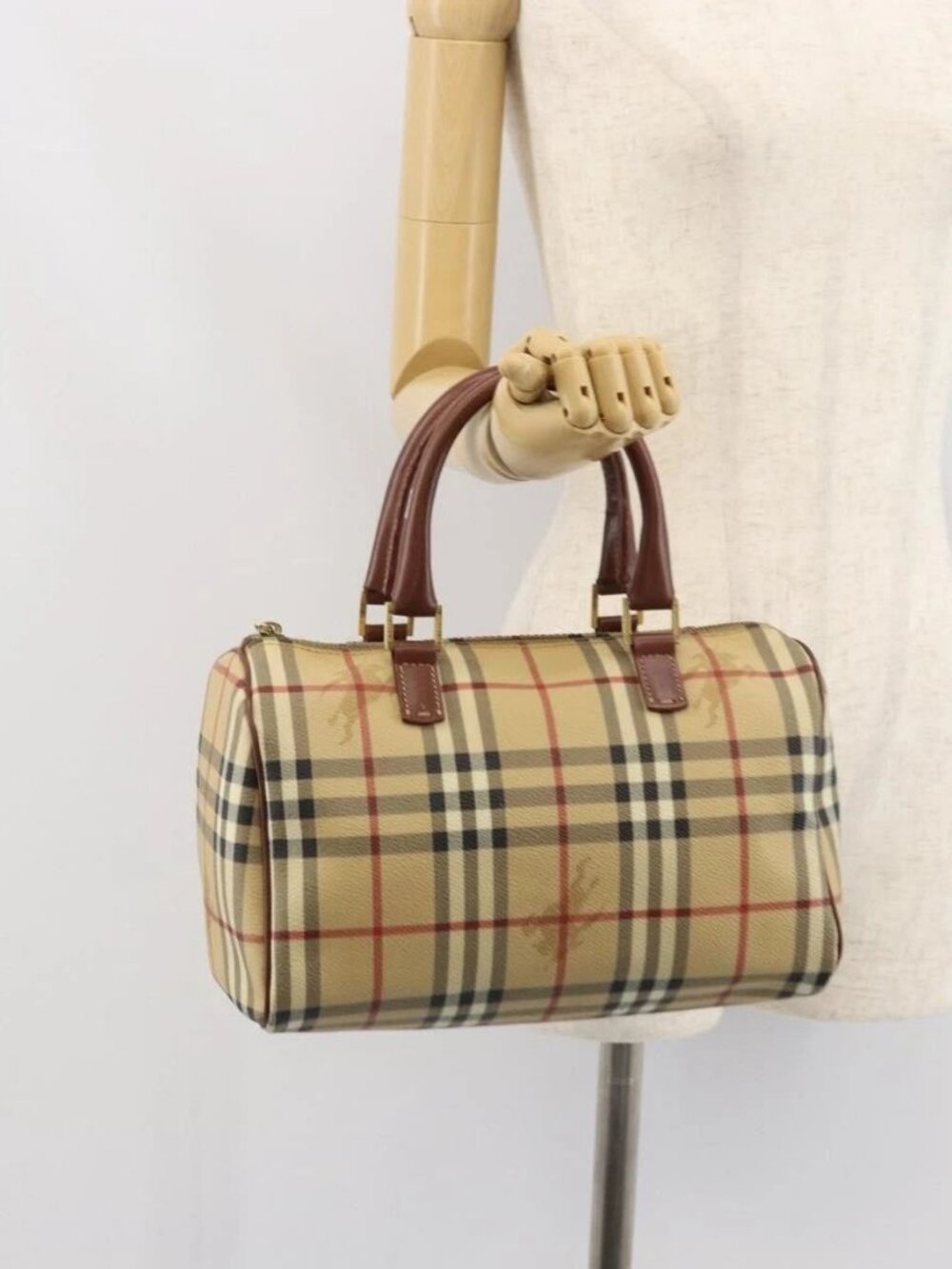 BURBERRY Nova Check Hand Bag PVC Beige Gold Auth mr1864V
